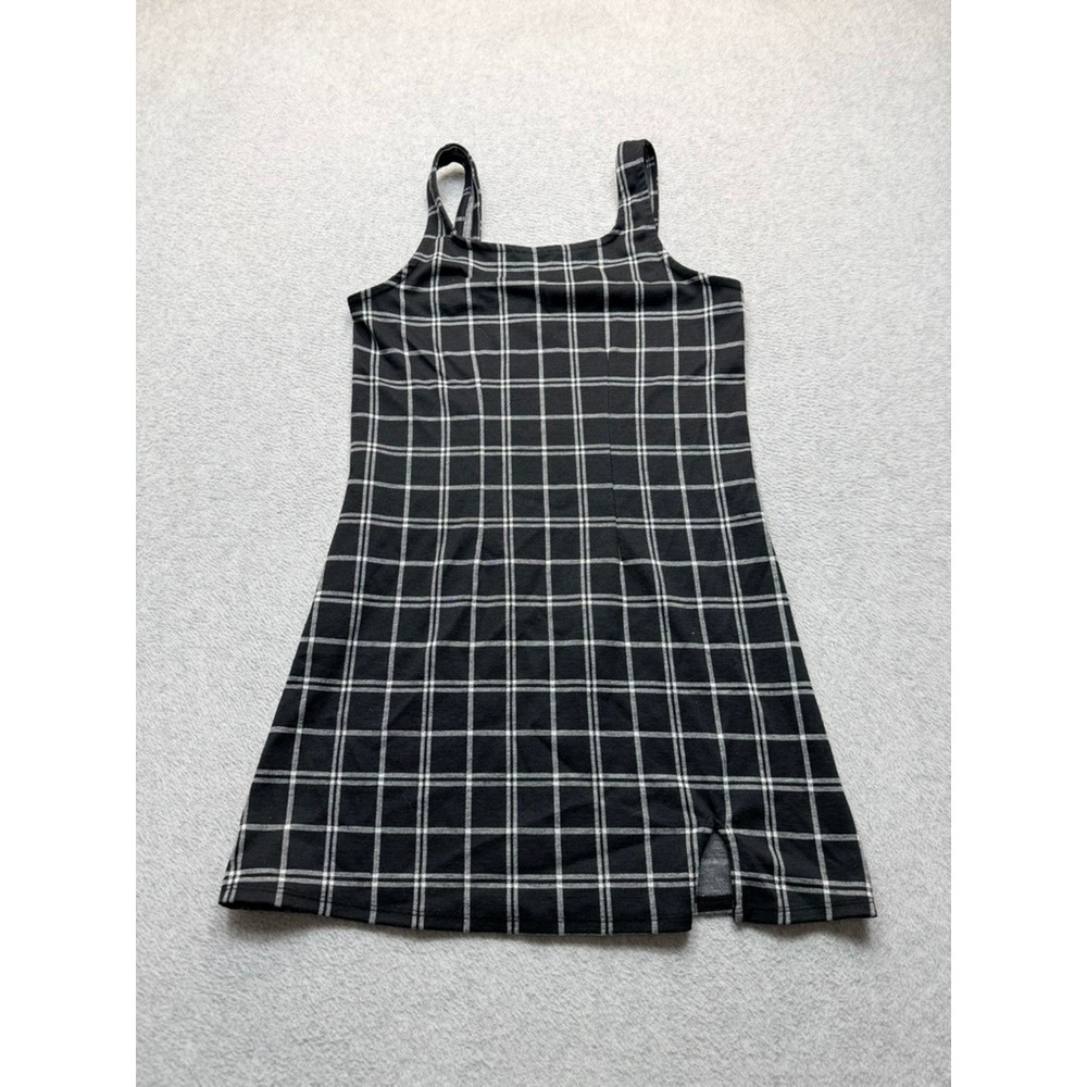SO Plaid Mini Dress Black White Grid Square Neck Sleeveless Side Slit XL 14/16